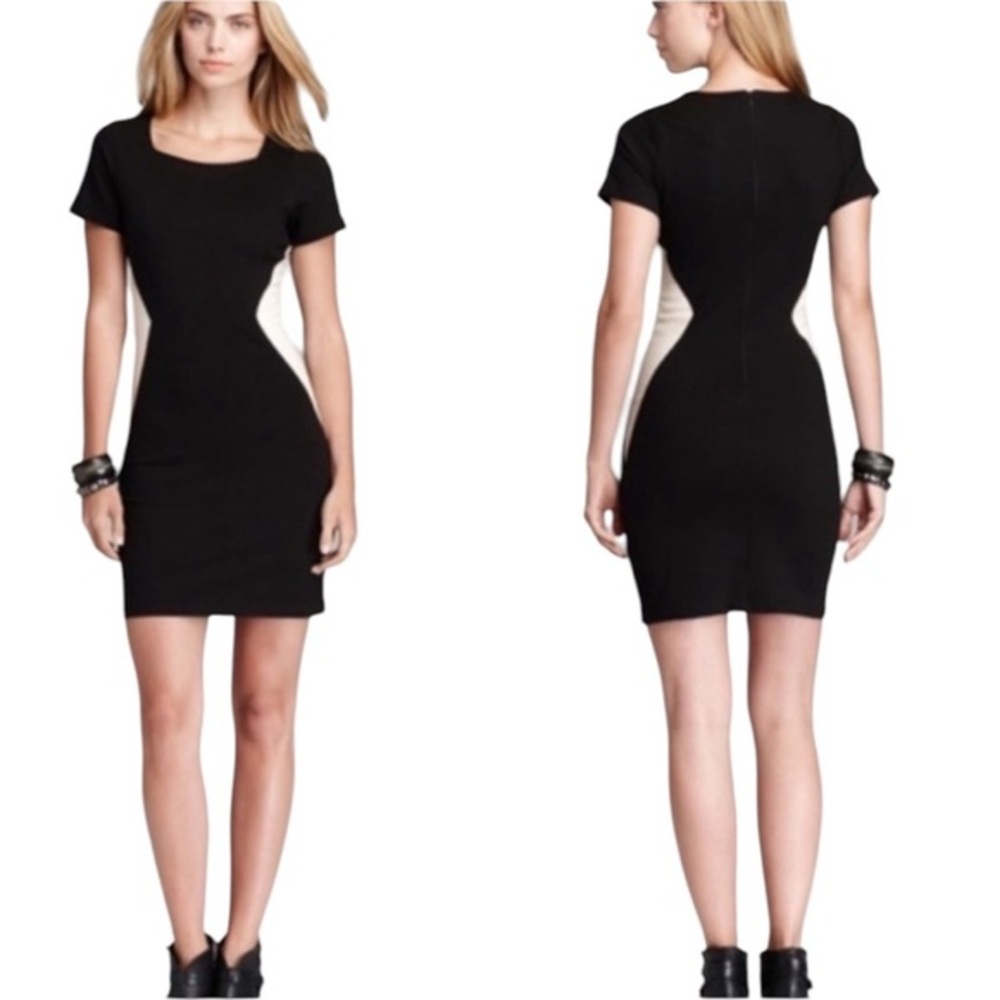 PJK PATTERSON J KINCAID BLACK WHITE LEATHER SHORT SLEEVE STRETCH LEANETTE DRESS